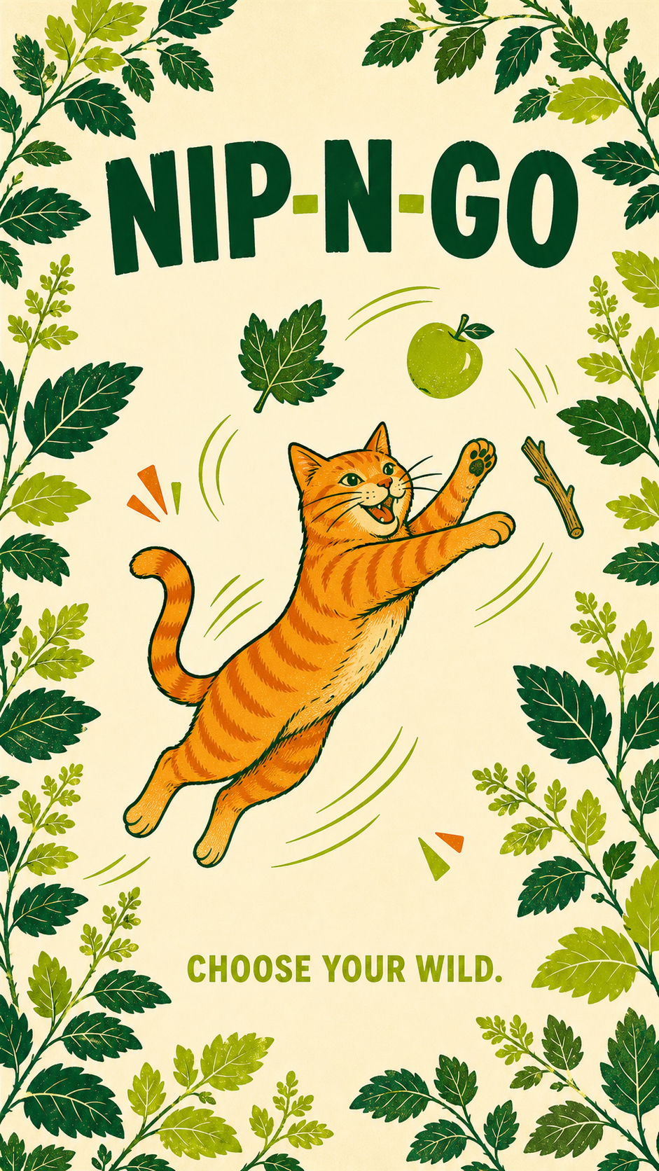 Nip-N-Go Choose Your Wild campaign art showing an orange tabby pouncing toward catnip, silvervine fruit, and a silvervine stick.